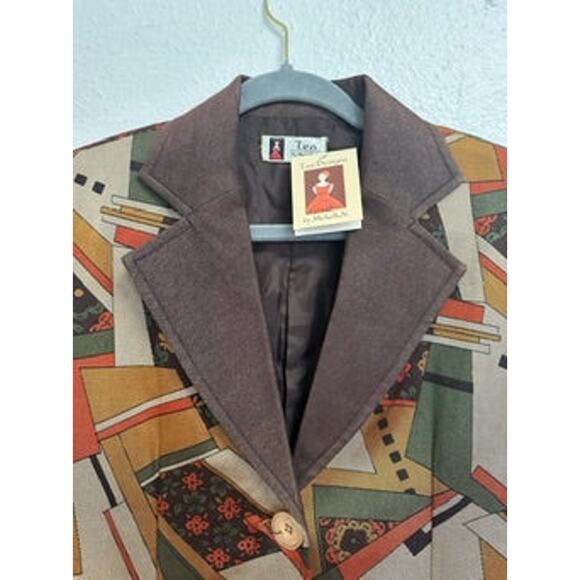 NWT OOAK Handmade Vintage Brown Orange Geometric Print Blazer Coat - Small - Picture 7 of 12